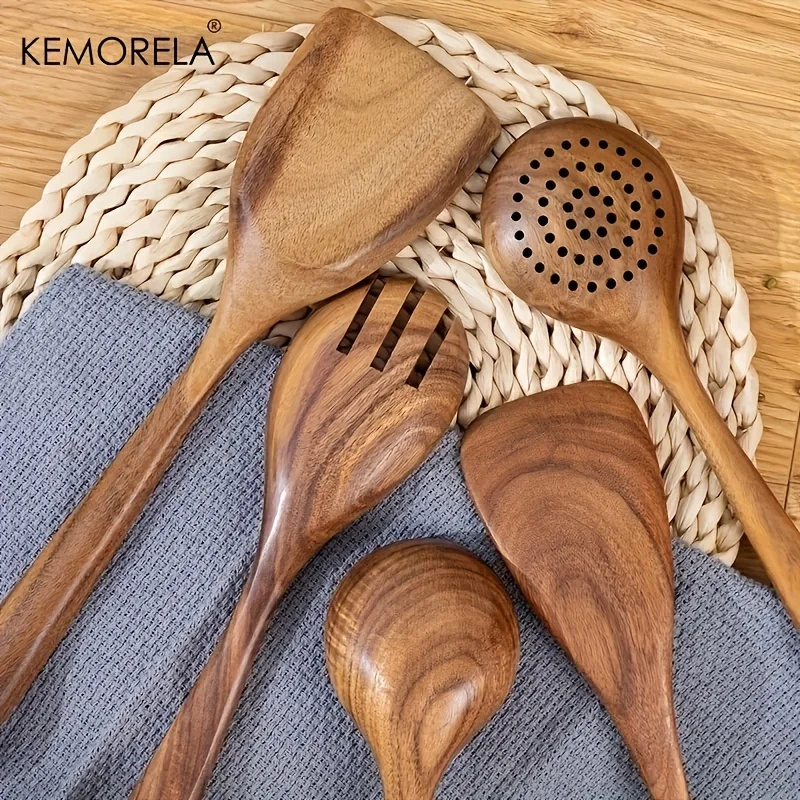 5PCS Natural Wooden Tableware Wooden Spoon Soup Skimmer Cooking Spoon Spatula Long Colander Dinner Home Cookware Set