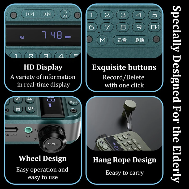 Portable FM Radio Mini FM Radios Receiver Outdoor Bluetooth Speaker TF Card USB Headphones MP3 Music Player Recorder 70-108MHZ