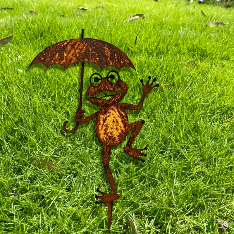 Charming retro metal frog with umbrella, no power needed. Perfect for garden, patio, or Halloween decor. Ideal gift! view 4