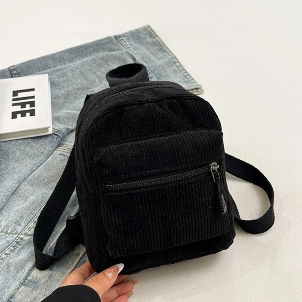 Versatile Solid Color Corduroy Mini Backpack Zipper Multi Pocket Double Shoulder Bag Lightweight Vintage Daypack College