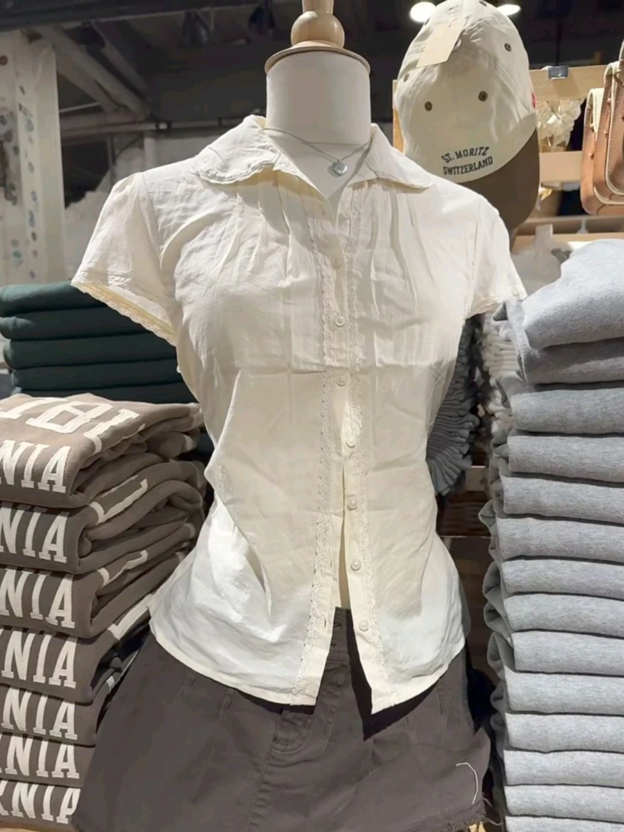 Lace Trim Beige Sweet T-shirt Blouse Women Lapel Folds Single Breasted Cotton Lace-up Shirts Vintage Solid Hort Sleeve Tshirts