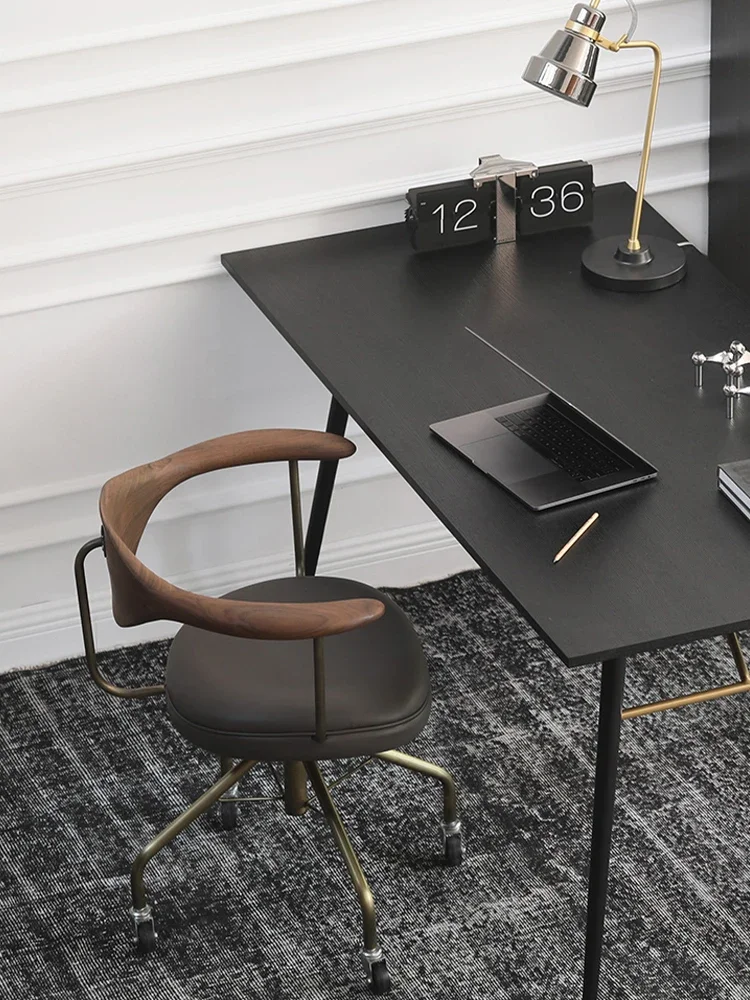 Office computer chair, Nordic minimalist modern walnut beech solid wood retro copper leg mobile book chair