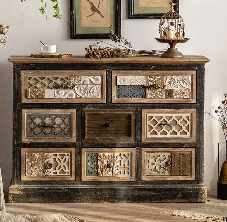 

Wooden Bucket Cabinet American Style Solid Wood Foyer Storage With Vintage Pastoral Decor For Living Room
