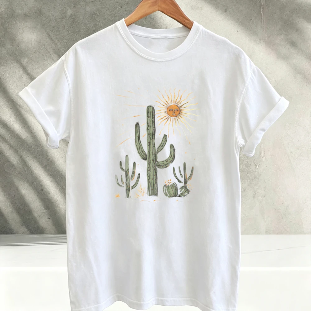 Vintage Goblincore Graphic Tee Cactus Desert Sunset White Crew Neck Short Sleeve Relaxed Fit Summer Bohemian Hippie Plant Shirt