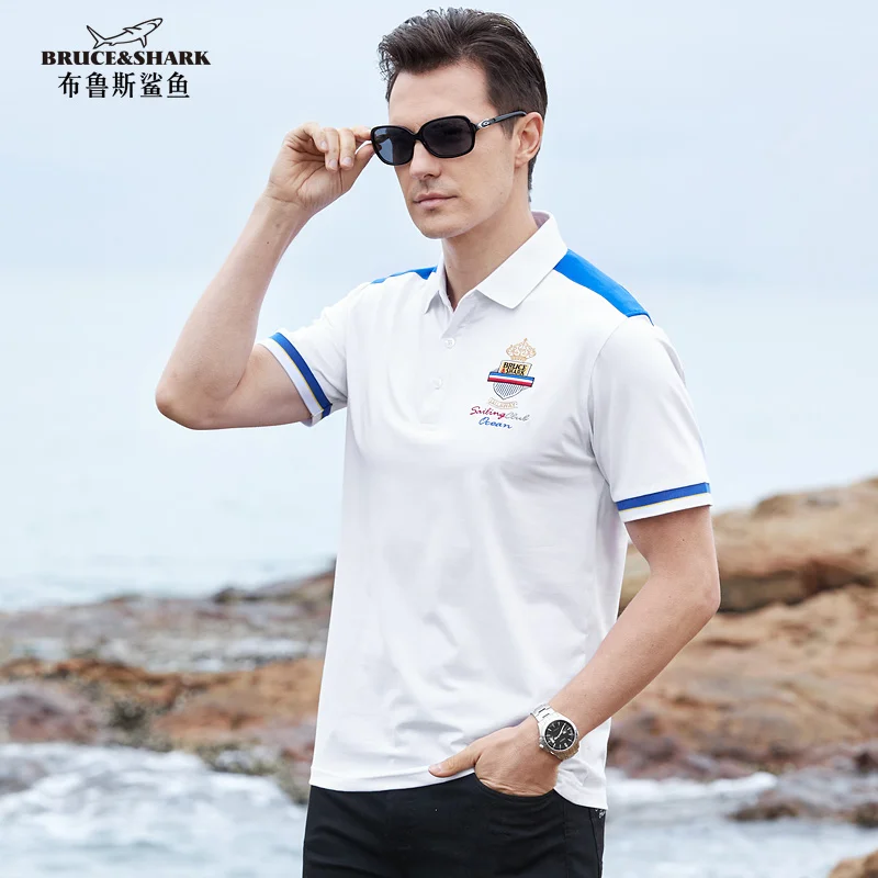 New Business Men\'s Short Sleeve Cotton Lycra Polo Shirt Bruce&Shark Casual Fashion Embroidery Man Tee Shoulder Spell Color Big