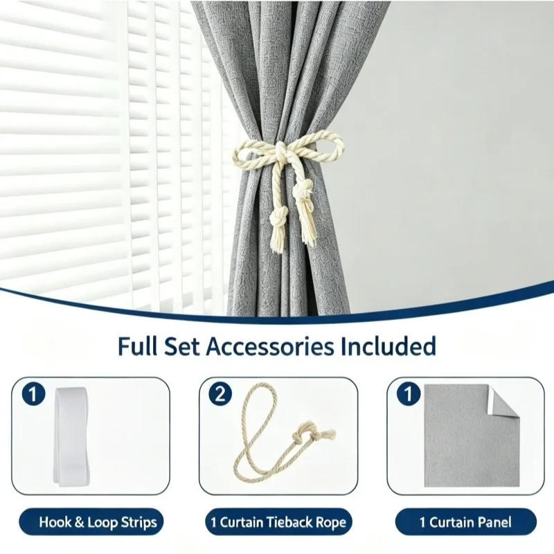 1 Pc Faux Linen Blackout Curtain Hook And Loop No Drill Window Cover Thermal Insulation Privacy Fabric Curtains For Home