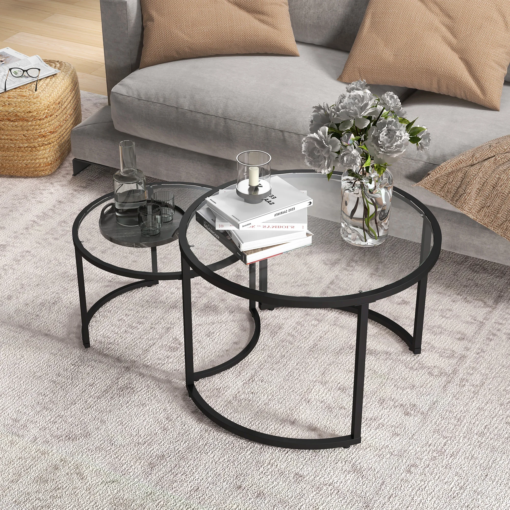 Ensemble de deux tables d'appoint, table basse, design industriel, table en verre, empilable, noir + transparent
