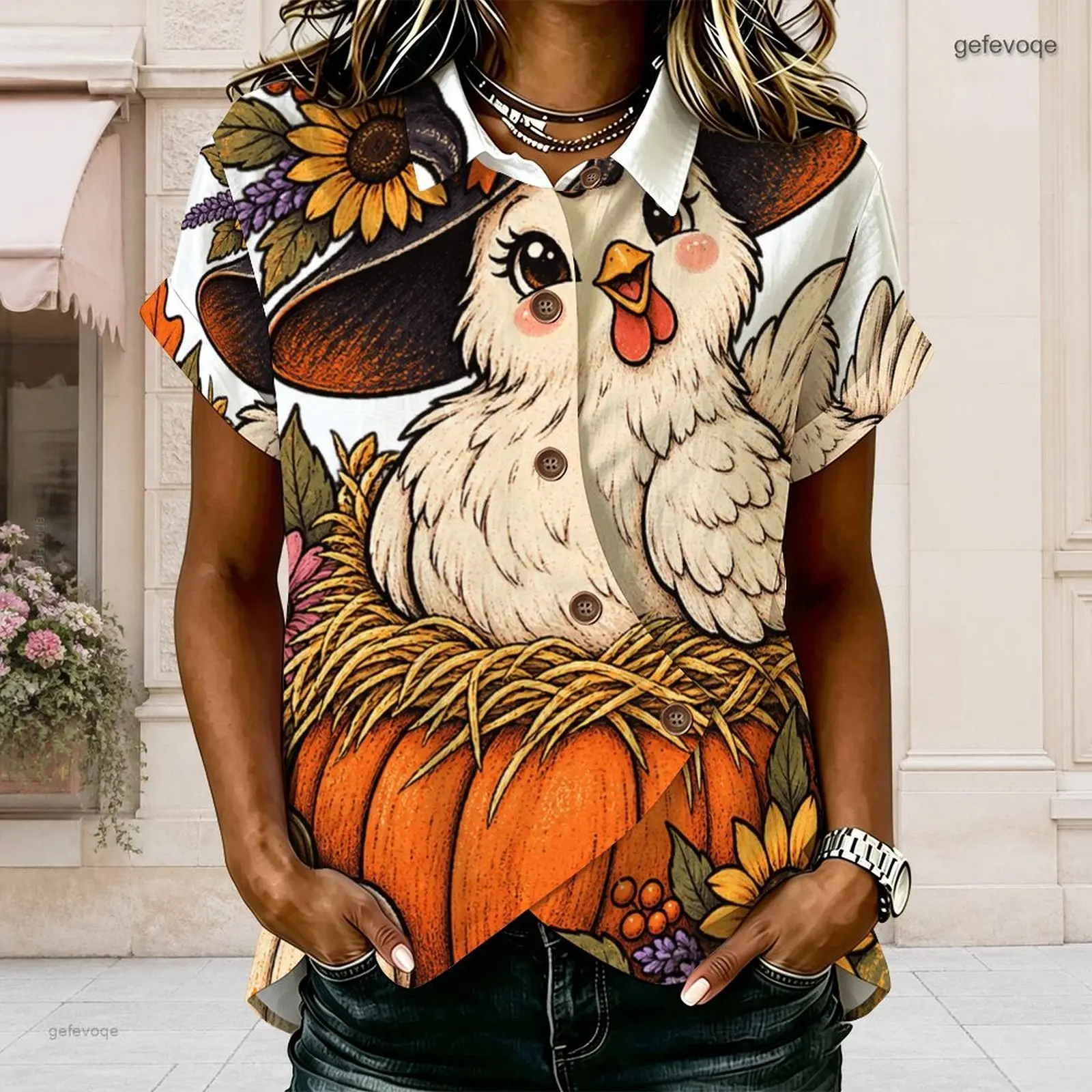Women Short Sleeve Collared Button Front Shirt Printed Cute Cartoon Tiger in Ghost Costume with Pumpkin Candy Motif