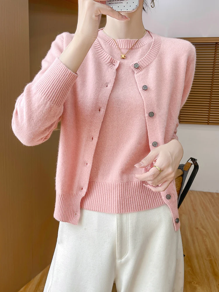 Women O-neck Cardigan Short Sleeve Pullover Wool Suit Autumn Winter Preppy Style Cashmere Sweater 100% Merino Wool Knitwear Tops