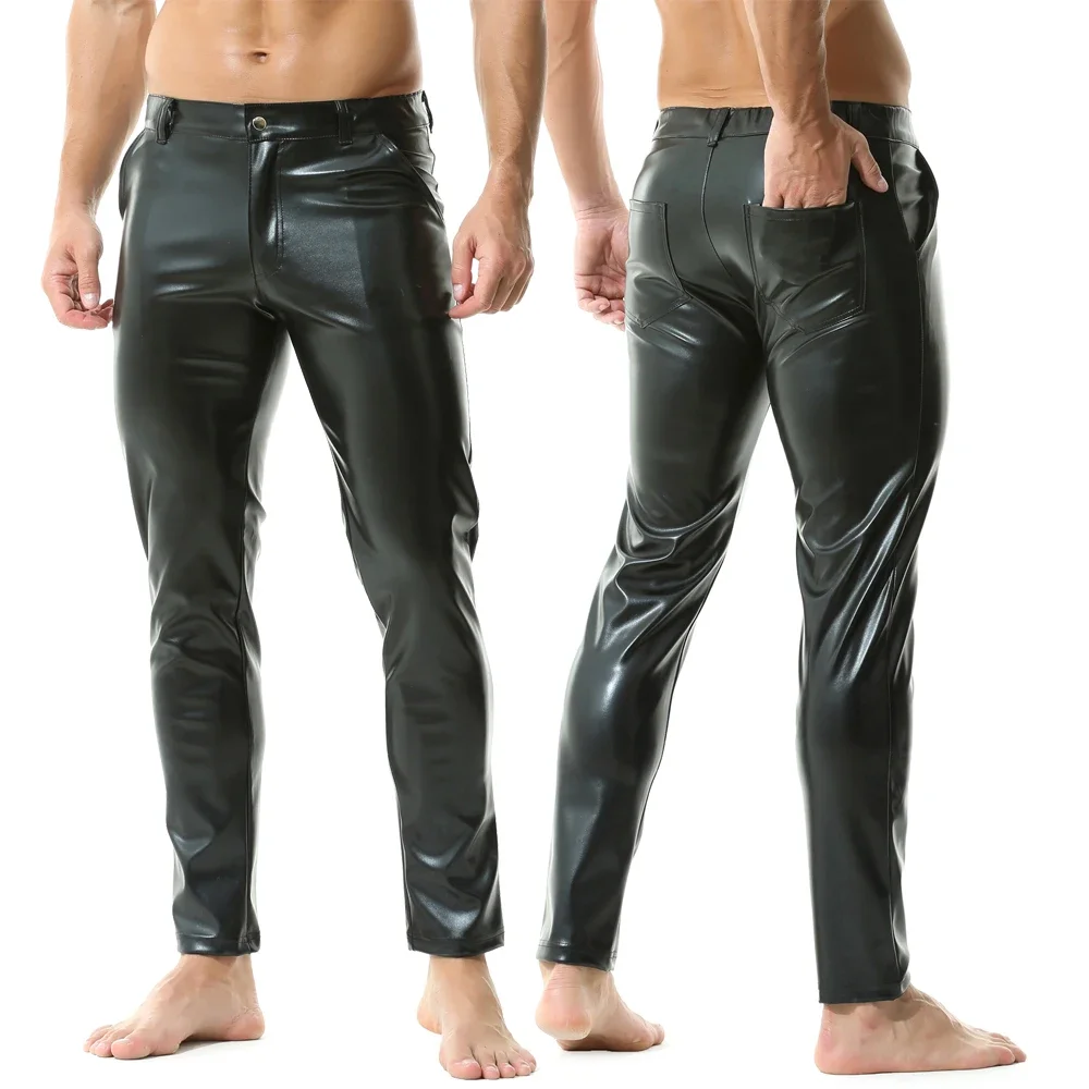 

Mens Casual Zipper Faux Leather Pants Men Streetwear Nightclub Straight Trousers With Pockets Male Motorcycle Stage Short Pants