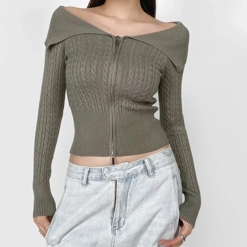 

oulder Bared Long Sve Knitted Sweater Zipper Splice ort Open Cardigan Women's Faion Street Sle Slim Fit Wave Pattern