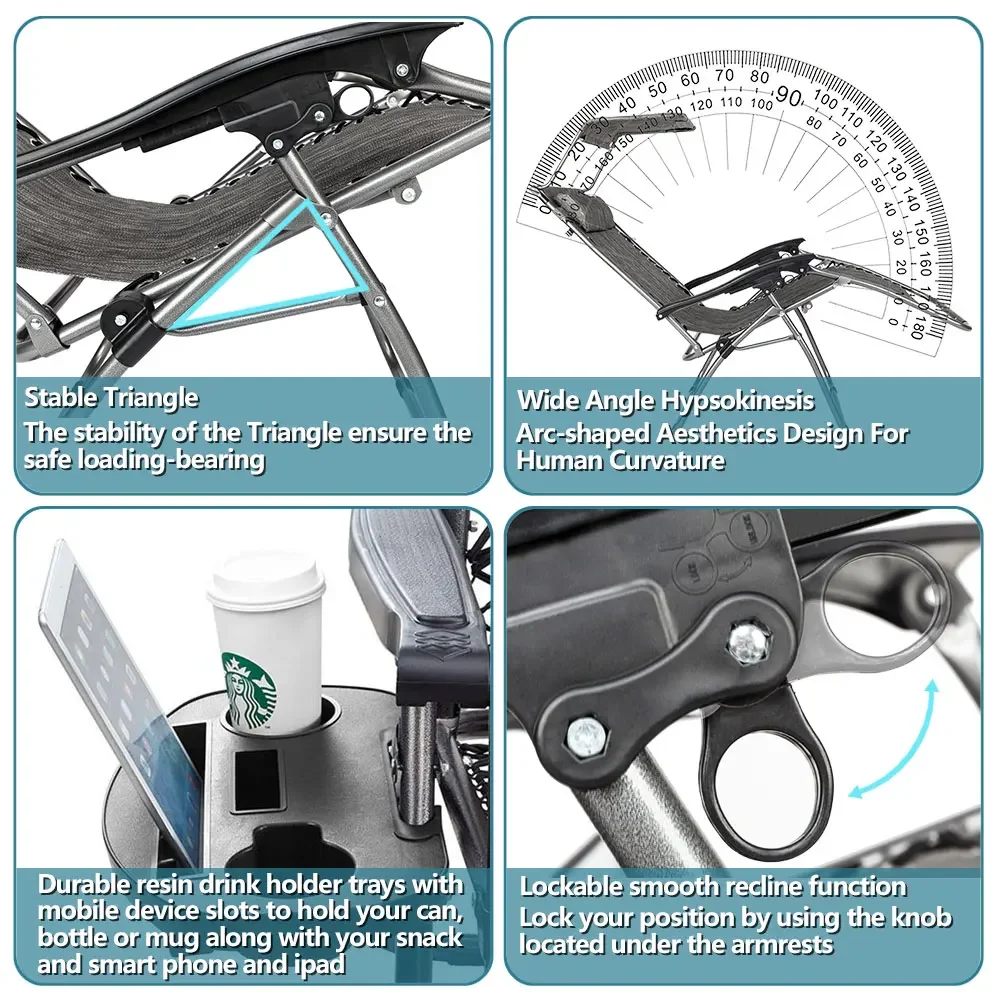 인피니티 제로 그래비티 의자, 천막 라운지, 파티오 의자, 베개 및 유틸리티 트레이, 갑판용 조절 가능한 접이식 안락 의자
