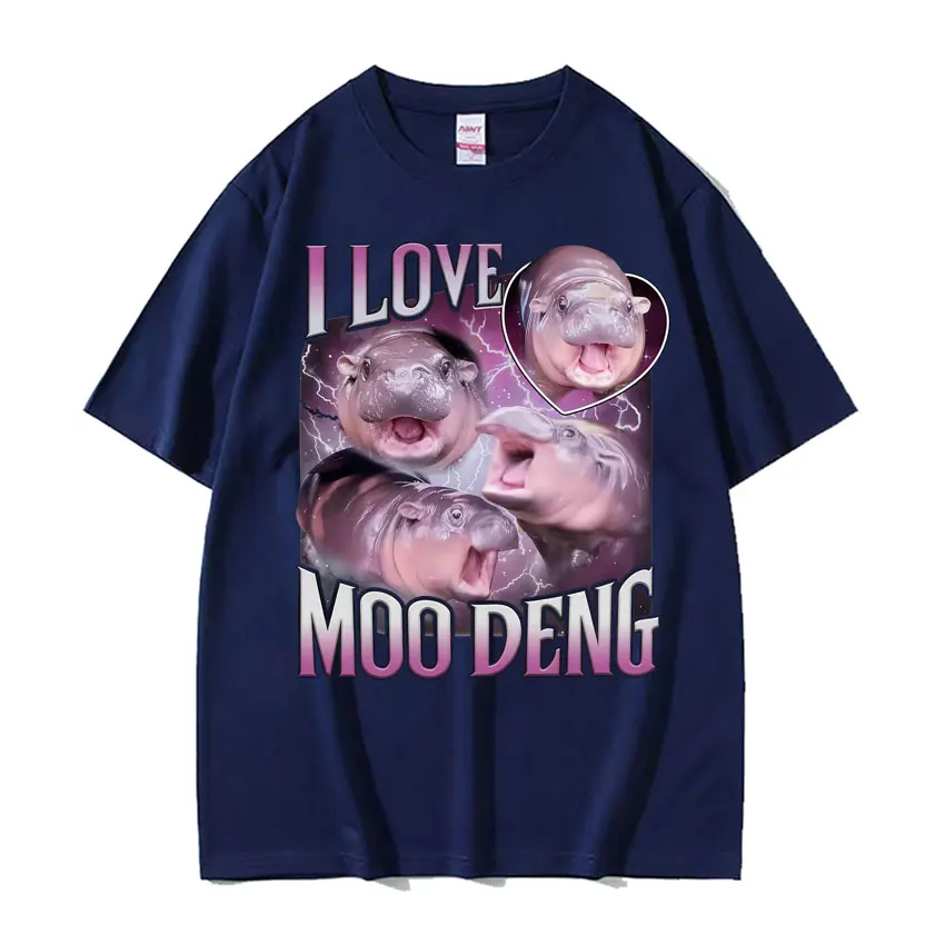 I Love Moo Deng Funny Cute Animal Baby Hippo Graphic T-shirt Men Women Fashion Casual Cotton T Shirt Oversized Short Sleeve Tees