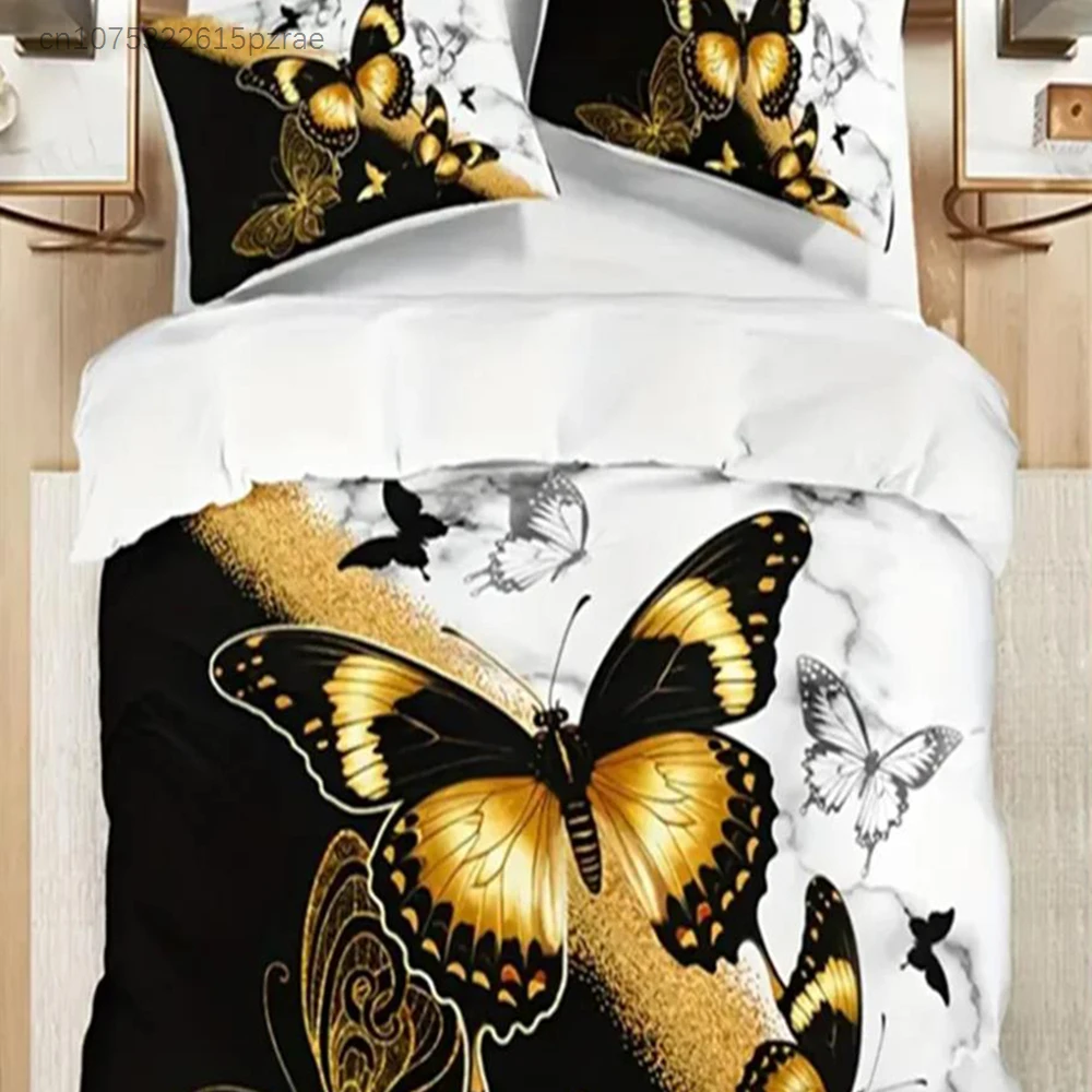 3pcs Golden Butterfly Duvet Cover Set, Black And White, Breathable Polyester, All-Season, Digital Print, Duvet Cover For Bed