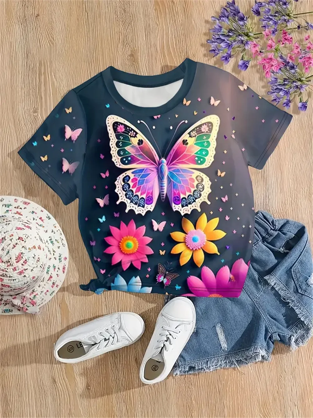 2025 Ropa para niñas, nuevas camisetas divertidas con estampado 3d de mariposas y animales para niñas, camisetas de manga corta a la moda para fiestas, camisetas informales