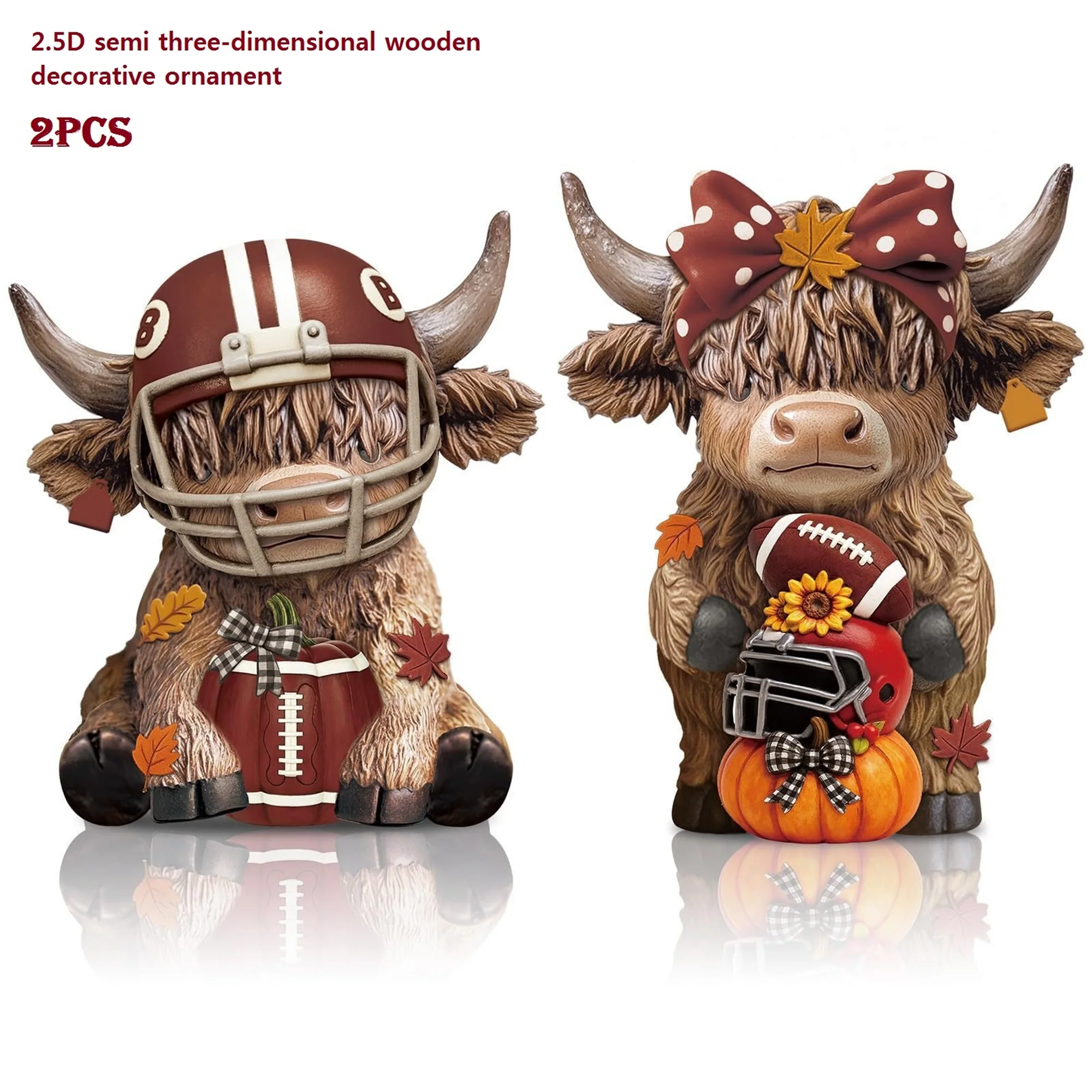 2 Pcs Wood Highland Cow Statues Fall Football Cattle Figurines Table Decor