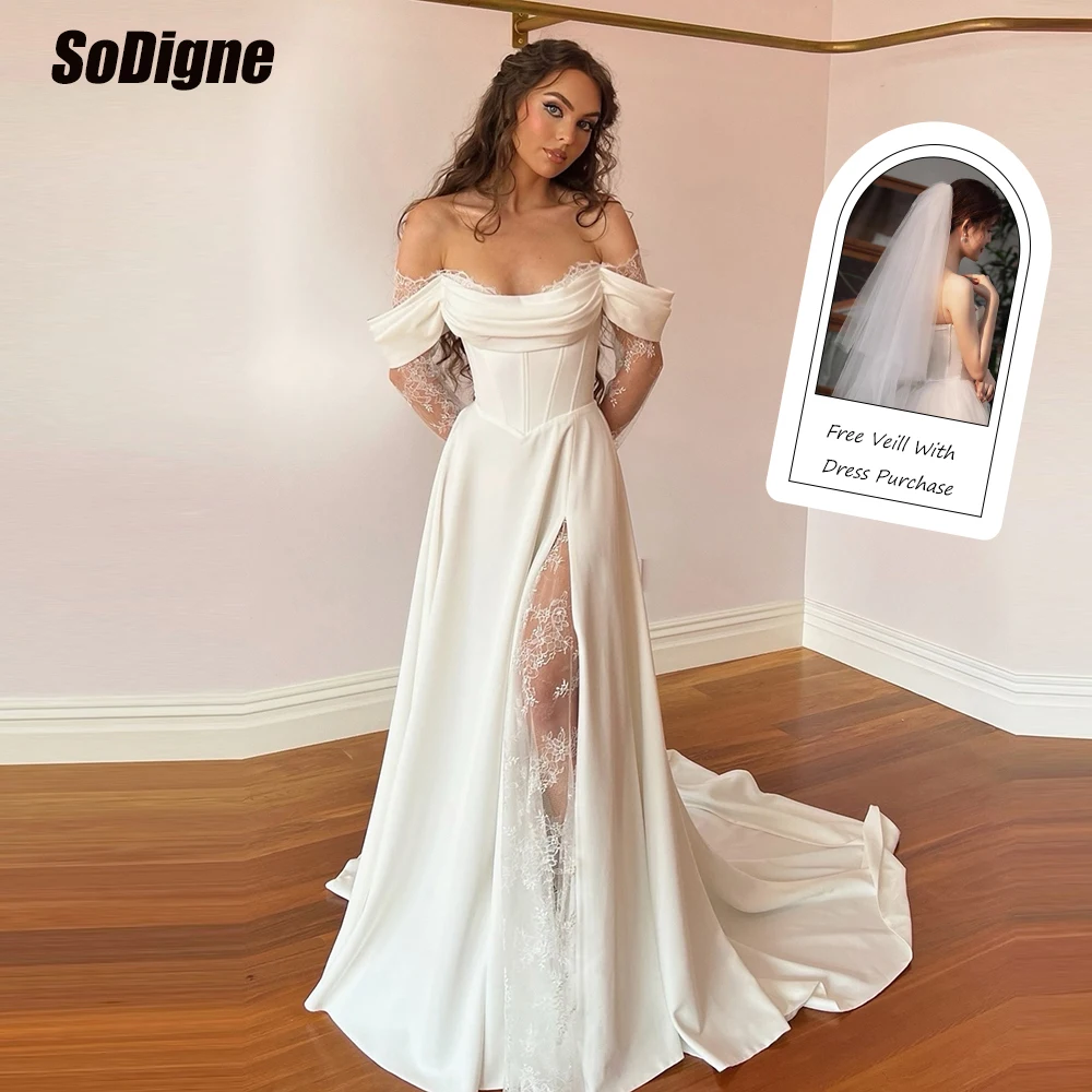 SoDigne A-line Off Shoulder Wedding Dresses Satin/Lace Long Sleeves Bride Dress Split Wedding Gown Vestidos De Novia Customized