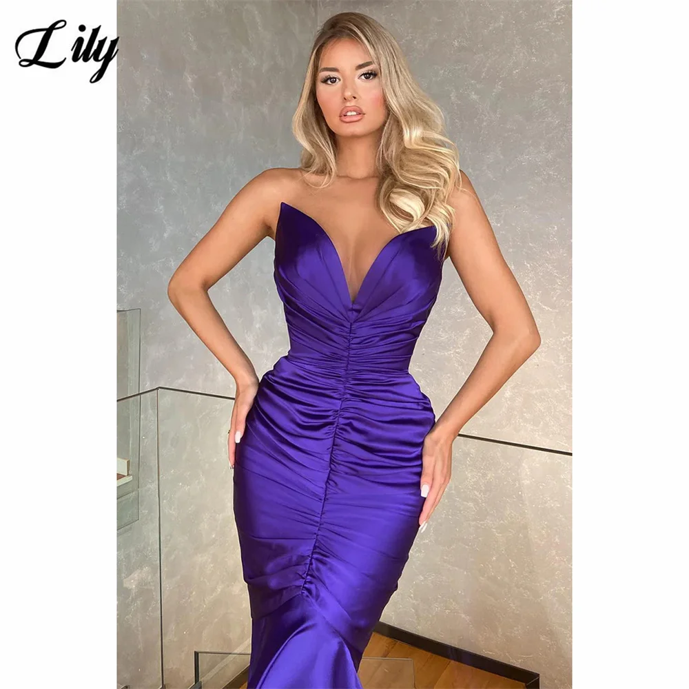 Lily Purple Prom Dress Sweetheart Sleeveless Evening Dress Sexy Mermaid Satin Party Dress Pleated Formal Vestidos De Noche