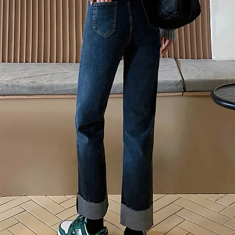 

Прямые джинсовые джинсы с высокой талией, женские эластичные брюки с девятью точками больших размеров, модные брюки для похудения груши