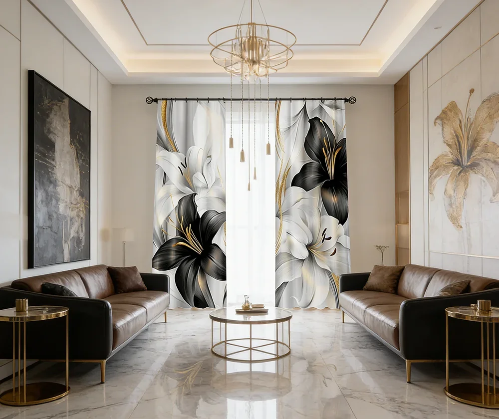 2PCS Digital Printed Curtains, Black Gold Luxury Flower Opulent Metallic, Modern Home Decor Style for Living Room Bedroom Decor