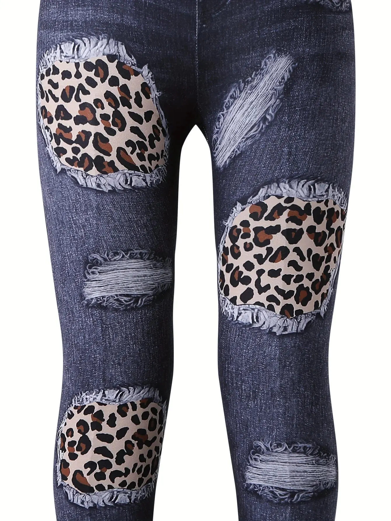 Girls Spring and Autumn Leopard Print Fake Denim Digital Print Slim Fit Knitted Trousers Versatile Leggings