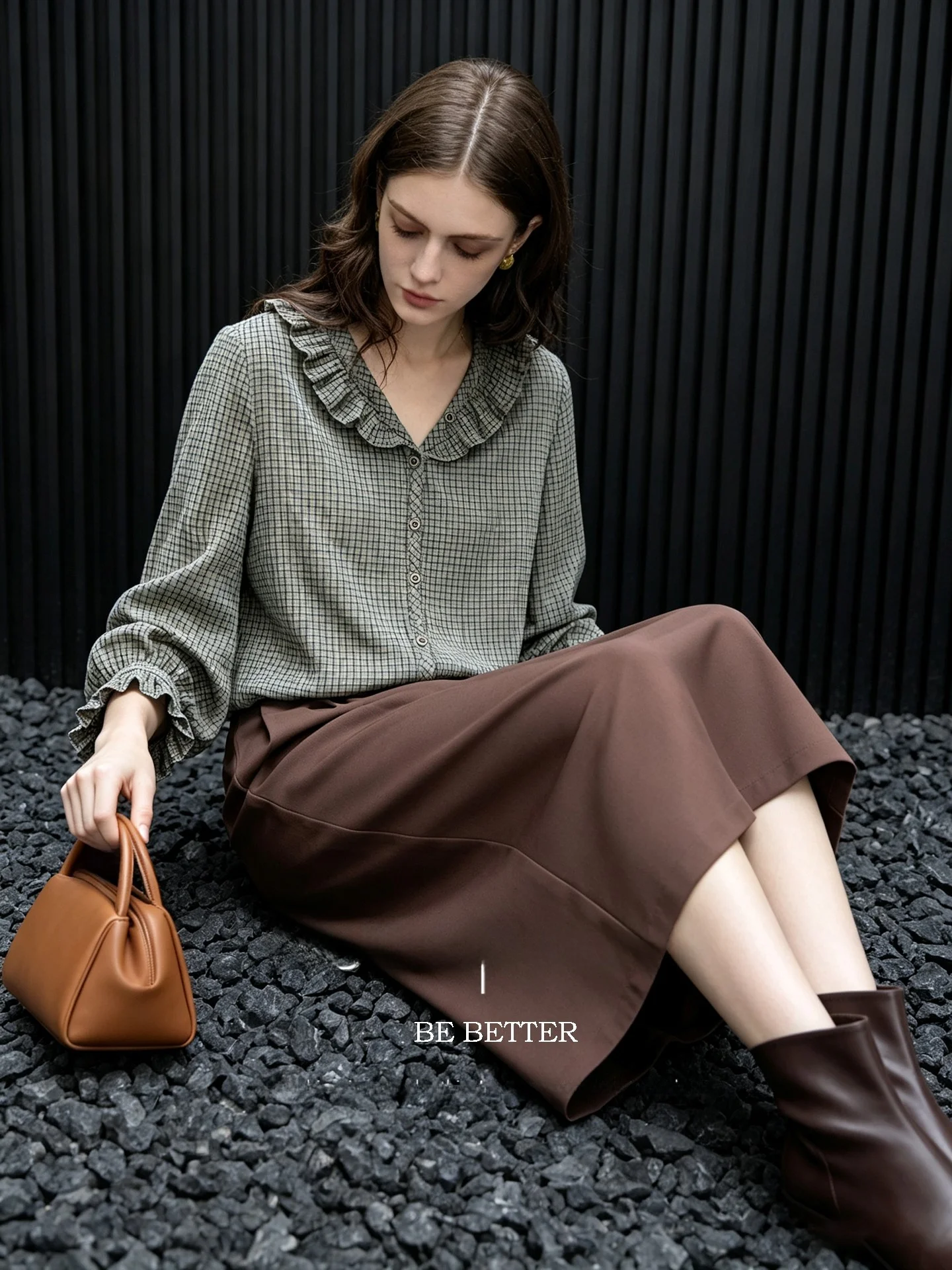Huaappuw Retro V-neck Plaid Shirt Women's Long Sleeve Commute Top Spring Autumn New Style French Style Slim Fit Cotton Blend