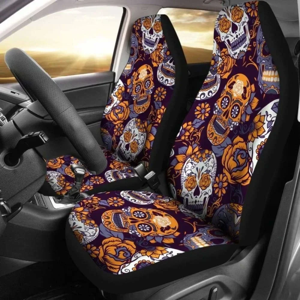 

Gretta Skully Car Seat Covers Sugar Skull Orange,Pack of 2 Universal Front Seat Protective Cover