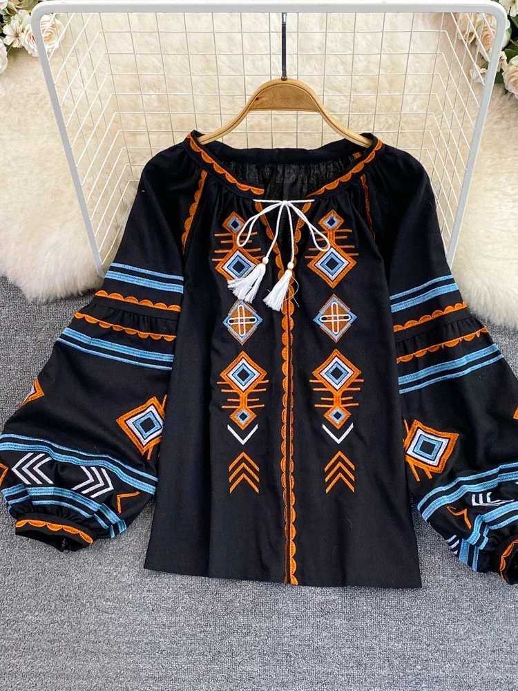 New Women Spring Autumn Blous Retro Loose Ethnic Style Embroidery Thin Lantern Sleeve Doll Top Female Pullover Shirt D3061
