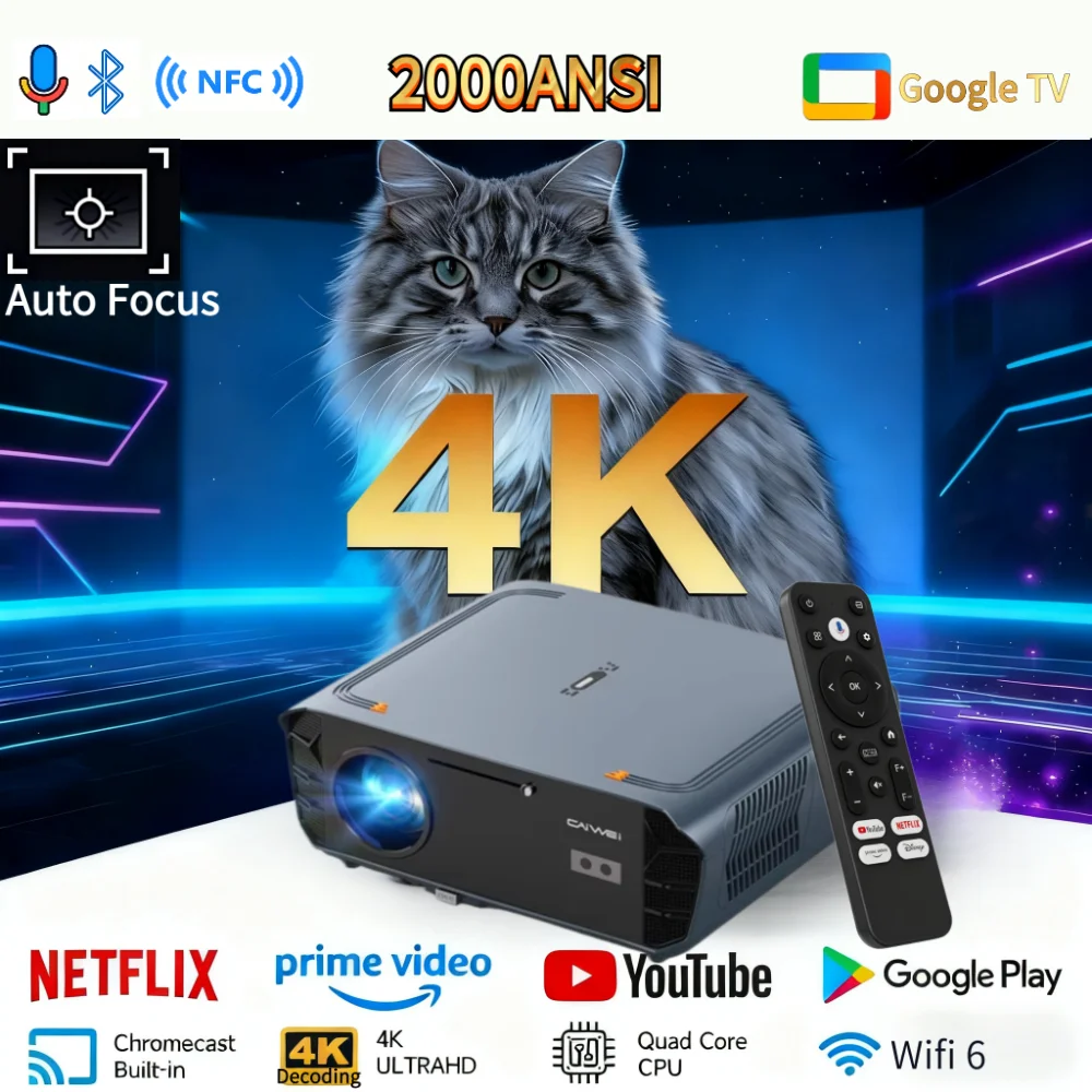 جهاز عرض مسرح منزلي ذكي جديد 4K 2000ANSI يعمل بنظام أندرويد 14 نظام جوجل ترخيص Netflix الرسمي 5G WiFi AutoFocus Video Proyector
