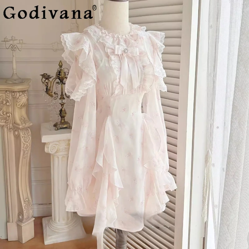 

Japanese Elegant Ruffled Dress for Ladies Original Design Off Shoulder Lolita Dress Women's Waist Cinching Mesh Sweet Dress