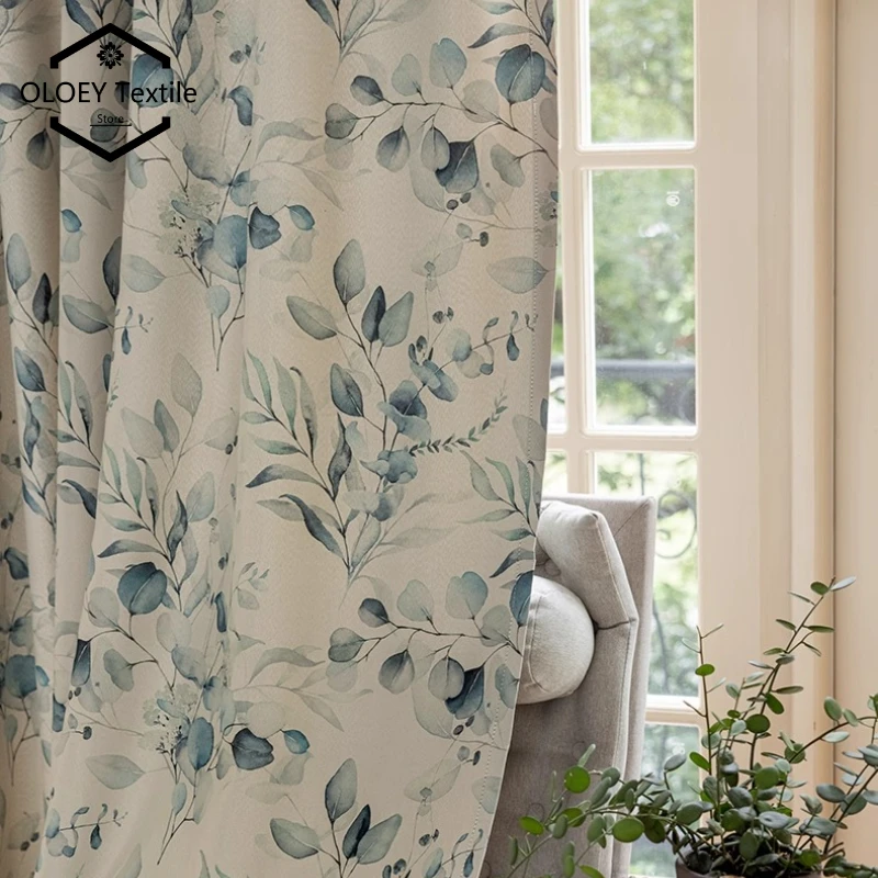 Printed Light Filtering Curtains for Balcony Windows Country Cottage Design Fresh Green Leaf Pattern Semi Sheers Voile Panels