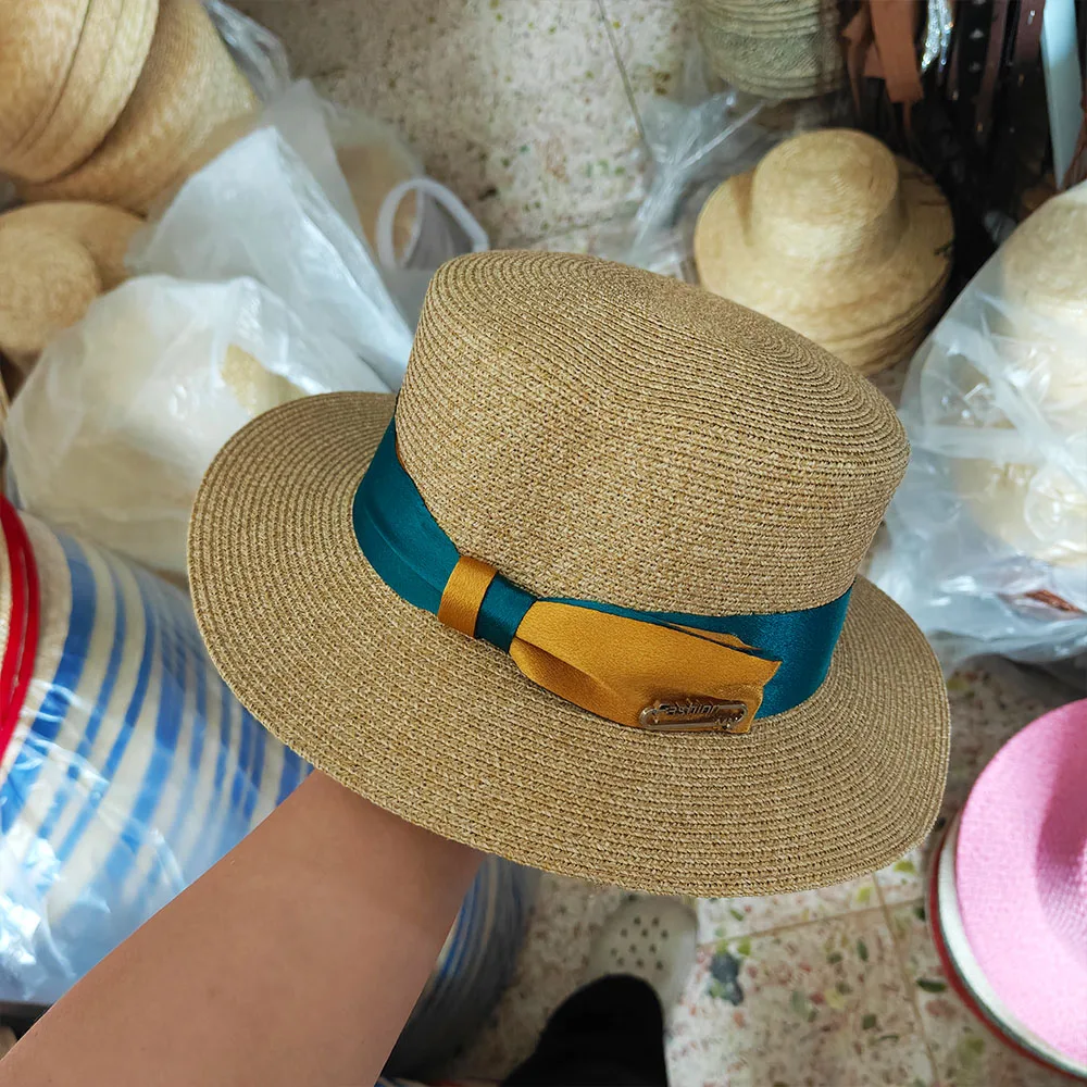 1pcs Luxury Elegant Women Summer Straw Hat Flat Top Boater Cap Folds Hand Weave Wide Brim Sun Hat Panama Fedora Шляпа