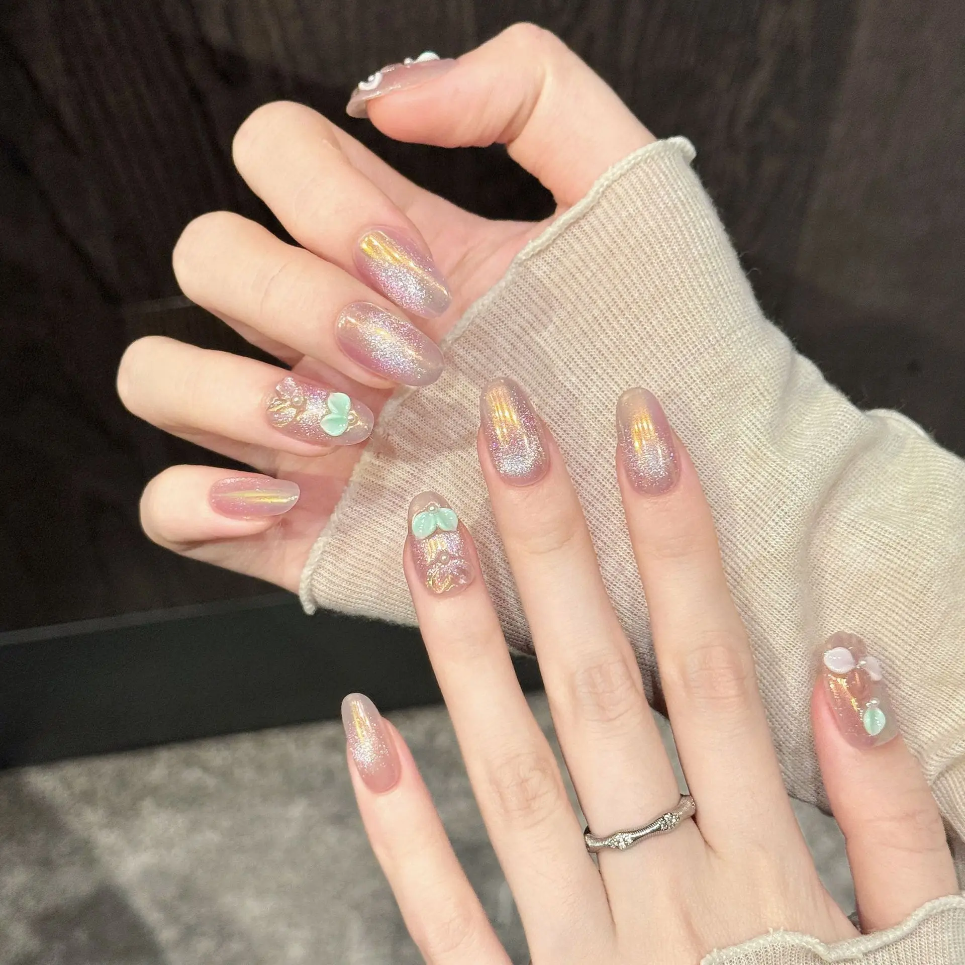 10PCS Handmade Nails Pink Aurora 3D Flower Pearl Fantasy Press On Nails Glitter Gradient False Nails