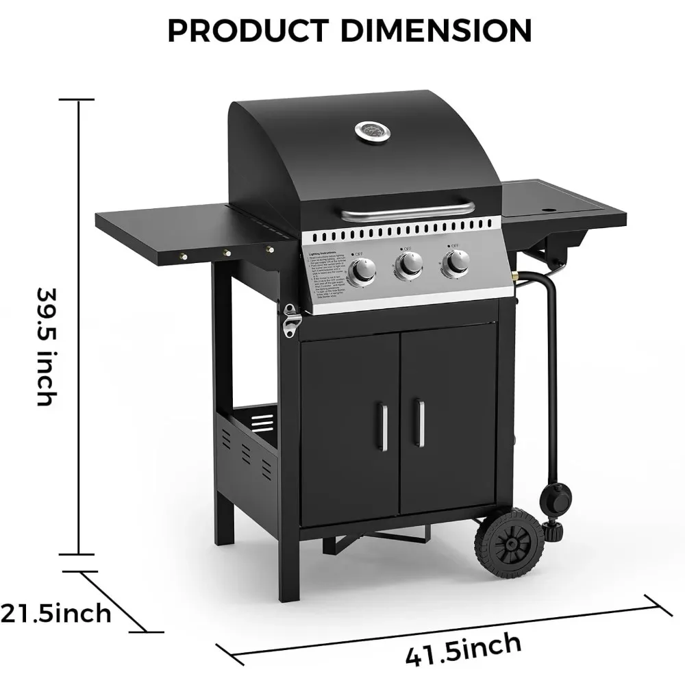 BBQ Gas Grill，30,000 BTU Ideal for Outdoor Cooking, 3 Burner Propane, Easy To Clean and Maintain, Barbecue Grill