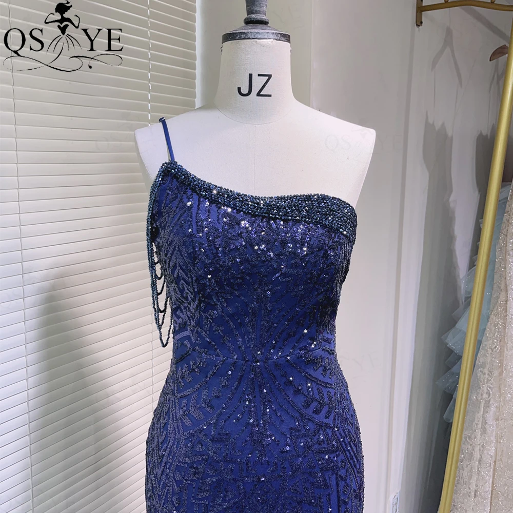 One Strap Navy Blue Prom Dresses Mermaid Crystal Beaded Strings Pattern Sequin Lace Evening Dress Tulle Bottom Party Formal Gown