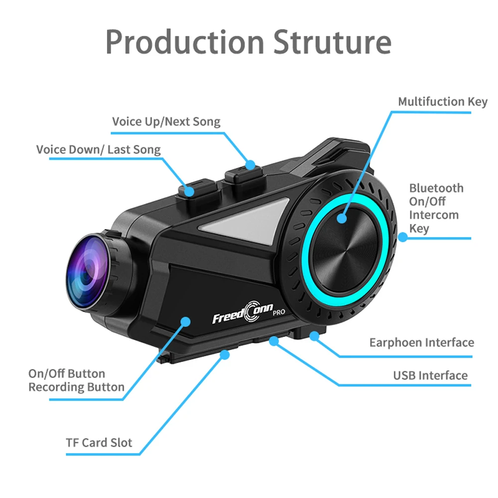 Freedconn R3 Pro Motorfiets Intercom Motor DVR Helm Camera Headset Bluetooth WiFi Video Recorder 1440P APP Muziek FM Dashcam