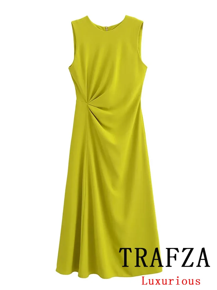 TRAFZA Vintage Casual Chic Women Dress Yellow Solid O-Neck Zipper Sleeveless Straight Vestidos Fashion 2024 Spring Summer Dress