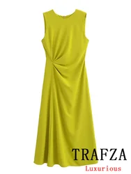 TRAFZA Vintage Casual Chic Women Dress Yellow Solid O-Neck Zipper Sleeveless Straight Vestidos Fashion 2024 Spring Summer Dress