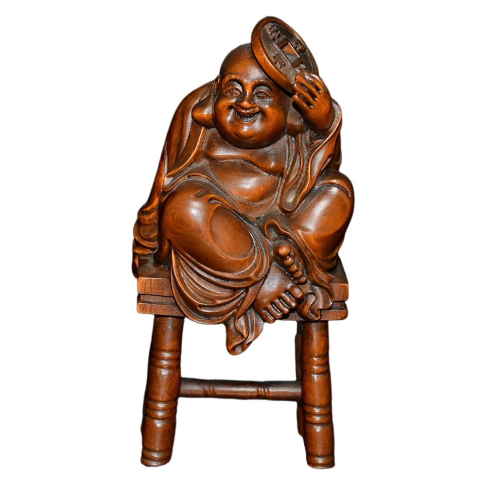 Sculpture en bois chinois sculpté bouddha riant richesse Figurine pièce de monnaie Statue décor joie abondance joie blisse harmonie optimisme
