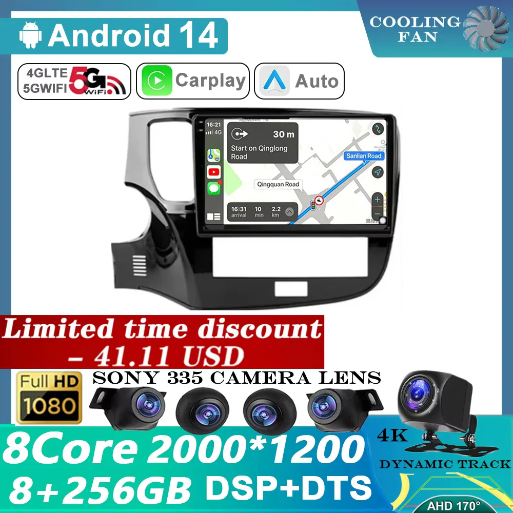 

Автомагнитола CarPlay на Android 14 для Mitsubishi Outlander 3 III GF0W GG0W 2018 2019 2020 2021 мультимедийный видеоплеер стерео 4G