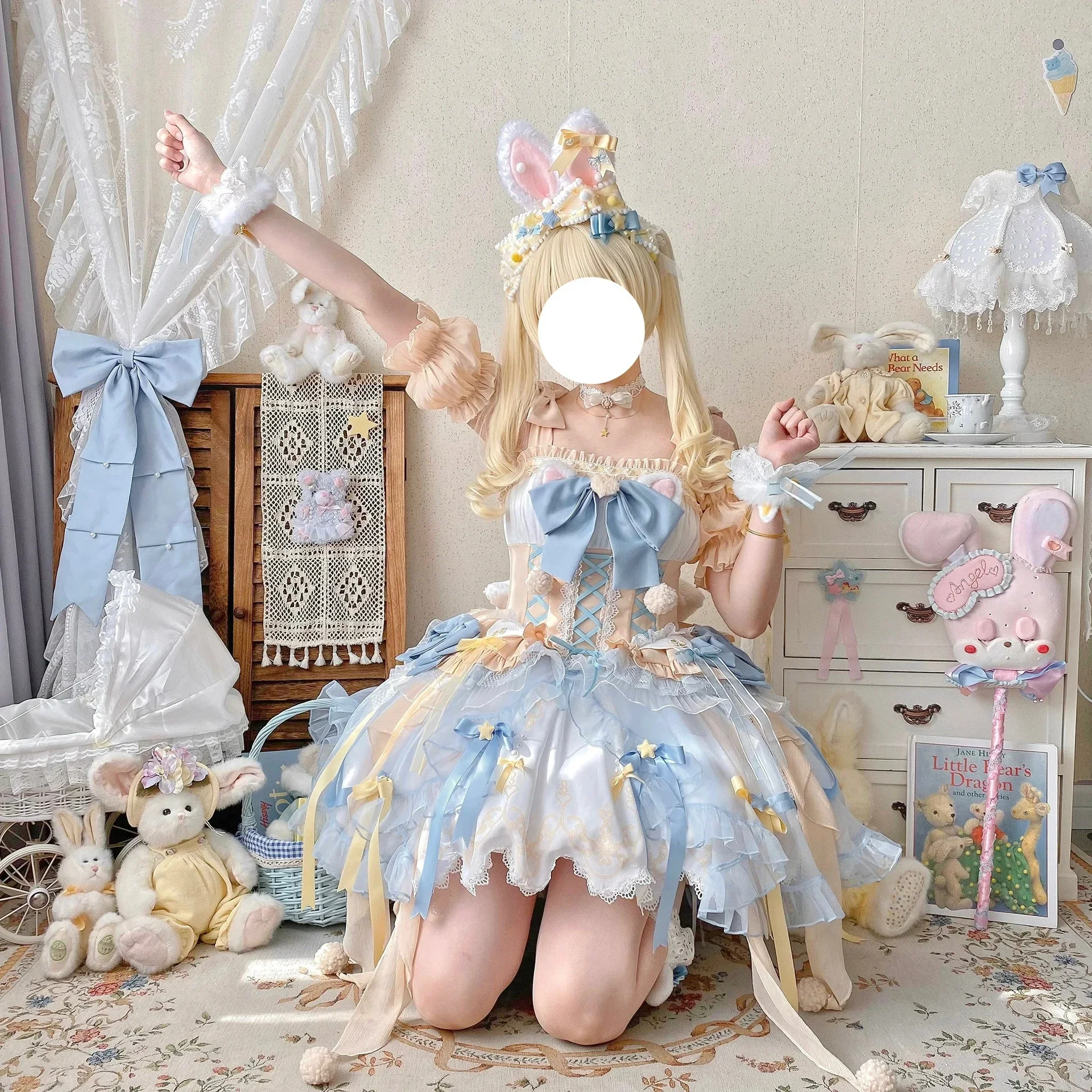 فستان لوليتا كاواي نسائي ، قوس دانتيل ، ملابس لوليتا أنيقة ، فستان أميرة عتيق ، حفل زفاف ، فيكتوري ، ياباني ، حلو ، طقم كامل