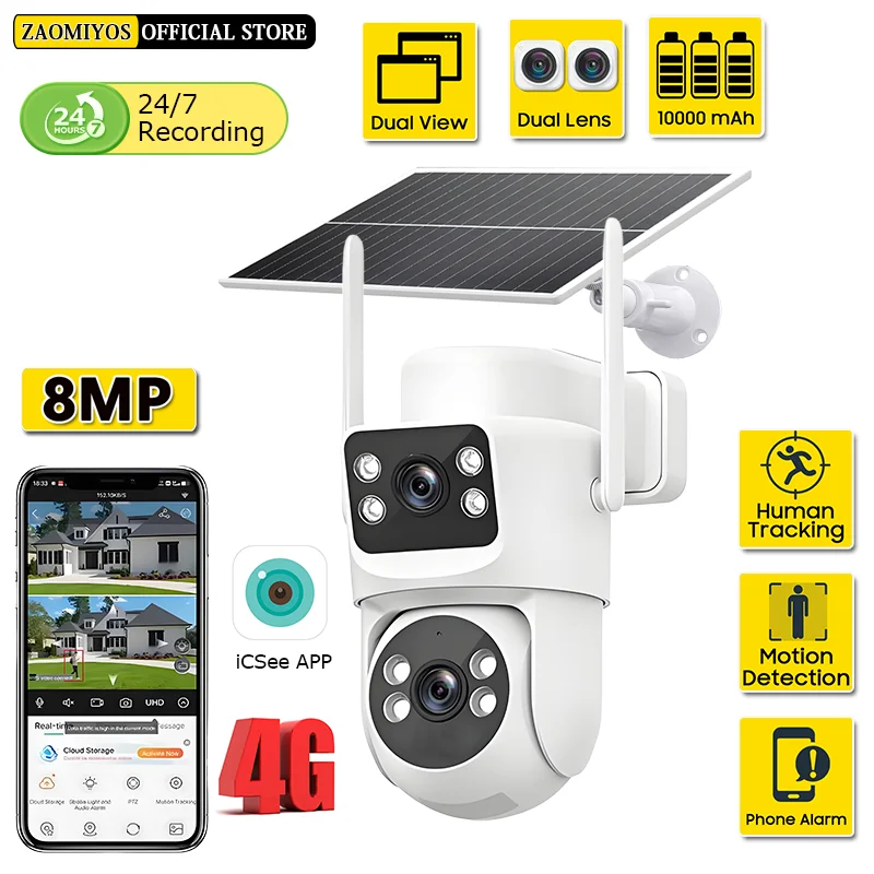

Outdoor Surveillance Solar Camera 4G SIM Dual Lens 8MP AOV Auto Tracking Alarm PTZ Night Vision Security Protection CCTV IP Cams
