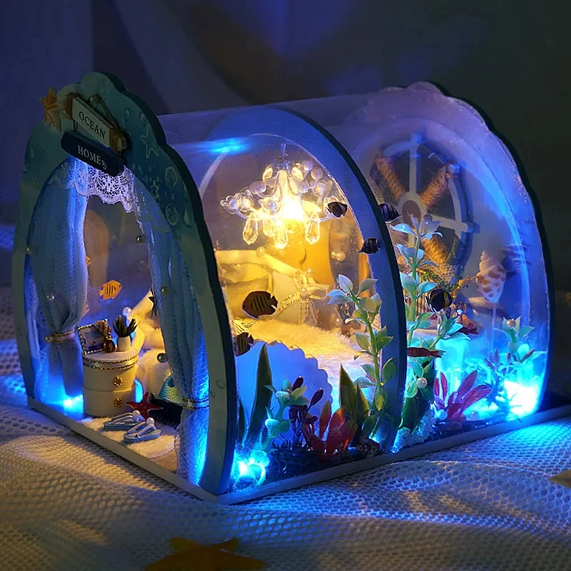 

OUZEY DIY Miniature Model Kits Wooden Ocean House Dollhouse with Furniture LED Lights for Friends Birthday Presents