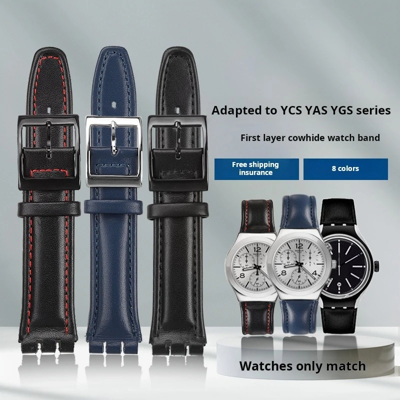 Correa de reloj de cuero genuino de alta calidad de 17mm y 19mm para hombre y mujer, compatible con Swatch YCS YAS YGS, con hebilla de metal