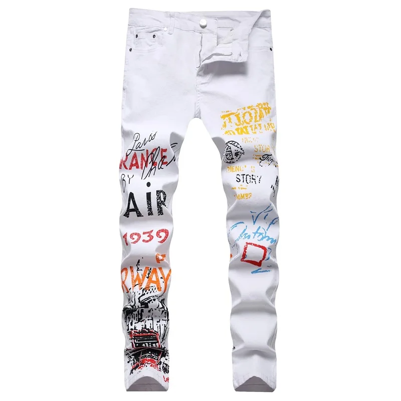 Men's Casual Printed Elastic Straight Leg Jeans Street Fashion mid Waist Zipper Fly Comfortable Fit All Season Denim Pants