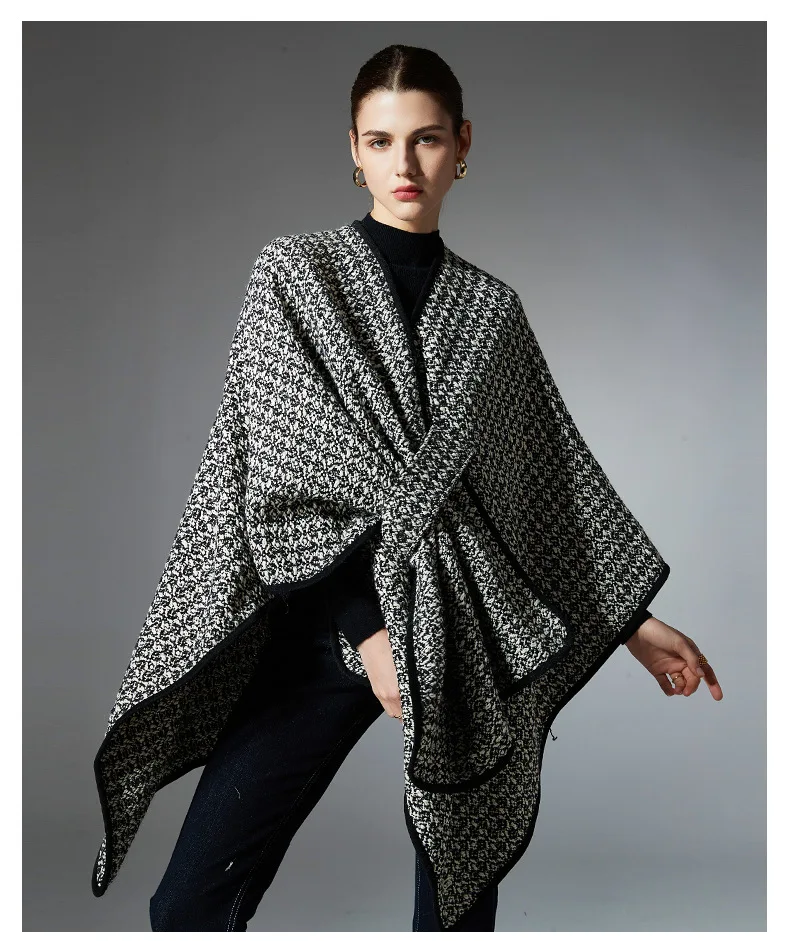 2026 Spring Autumn Winter Women European Polish Plaid Wool Cape Shawl, Button Decor Warm Versatile Outer Wrap Coat