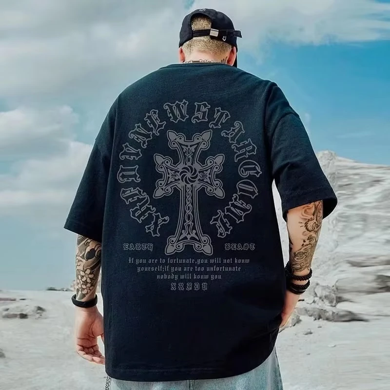 2026 New Men's T-shirt Oversized Loose and Fashionable Cross Print T-shirt Student Youth Simple Casual