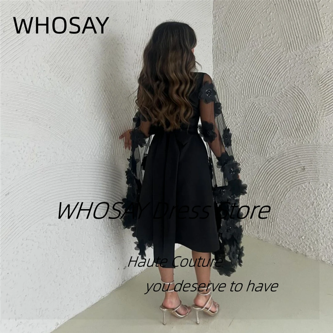 WHOSAY Black Short Prom Dresses for Saudi Women Square Neck Flowers Long Sleeves Robe Des Cocktail Party Holiday Banquet Evening