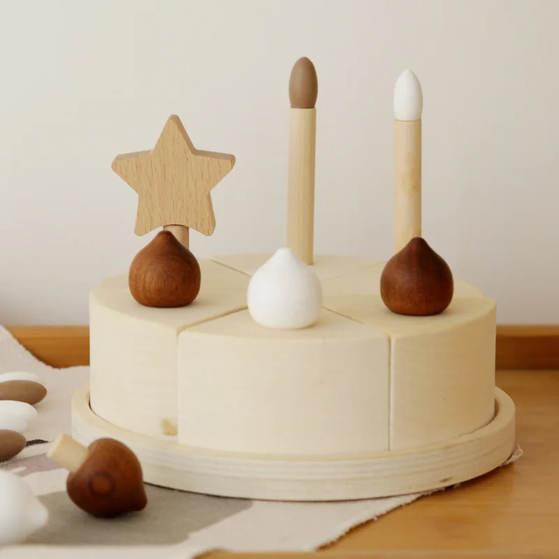 Modèle de gâteau d'anniversaire en bois pour enfants, outils de jeu pour enfants, décorations pour la maison, jouets intelligents faits à la main pour bébé