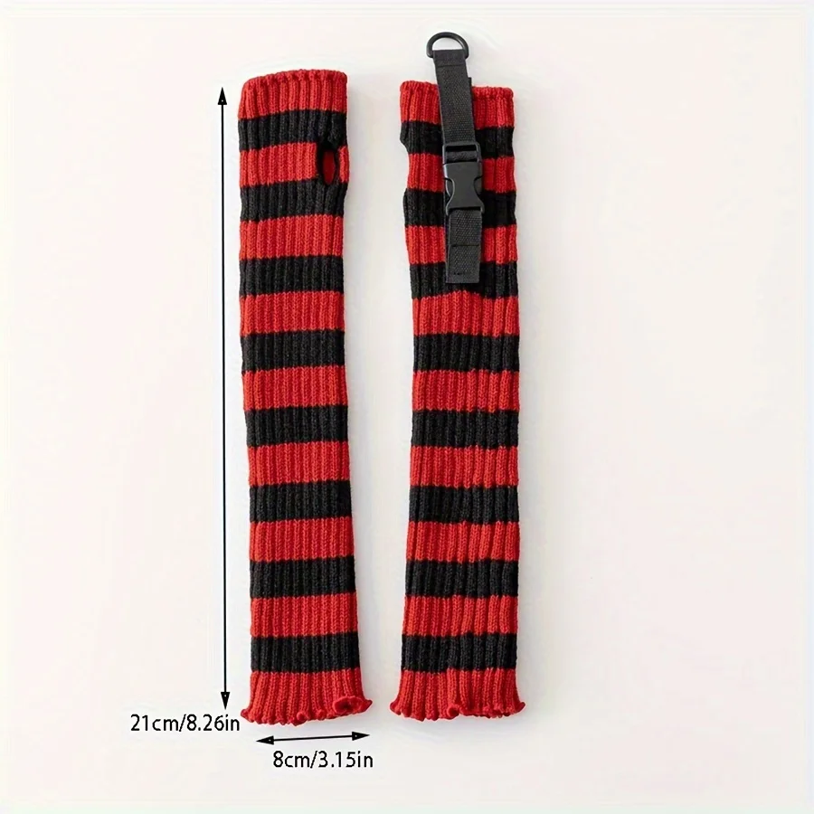 Red-black Striped Long Half Finger Arm Sleeves Feet Cover Elastic Gloves Y2K Fashion Women Girls Striped Elbow Gloves Solid Goth